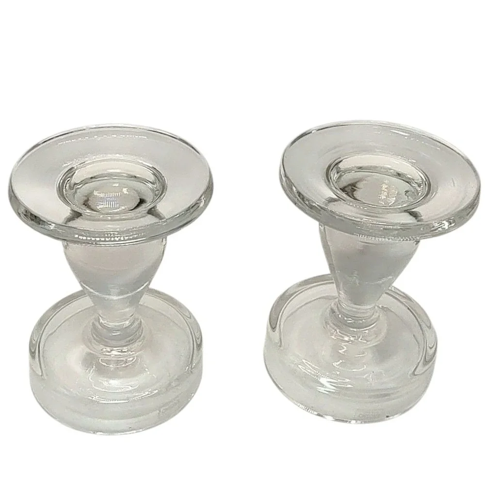 Vintage Krosno Glass Pillar Candle Holder Poland Handmade Crystal Set of Two‎